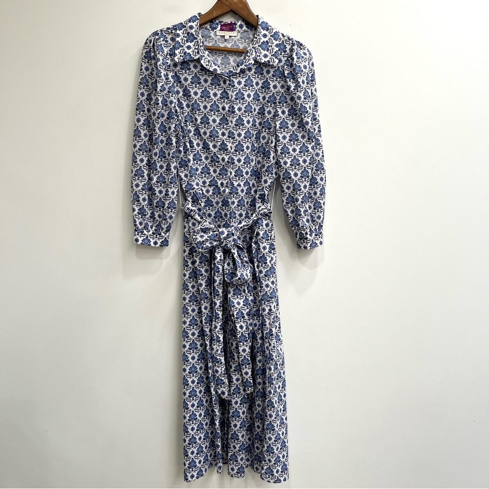 LAROQUE long sleeve midi dress in liberty fabric bernhardt block print blue LG